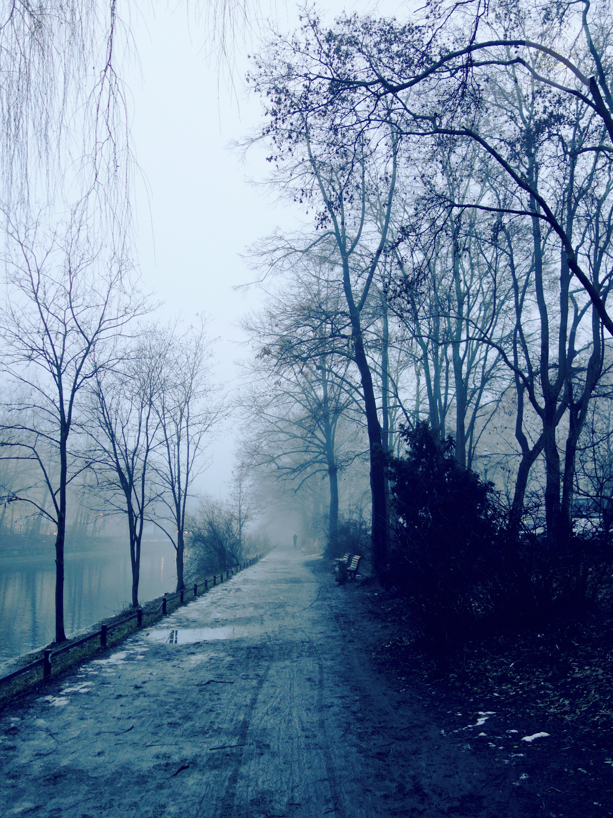 Dimma och joggare längs med Landwehrkanal